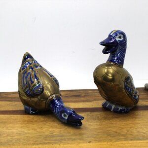 Vintage Tonala Mexican Folk Art Brass Hand Painted Ceramic Pair Duck Figurines